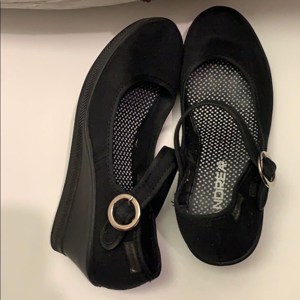 ANDREA Black Wedge Heeled Mary Jane Buckle Shoes 7